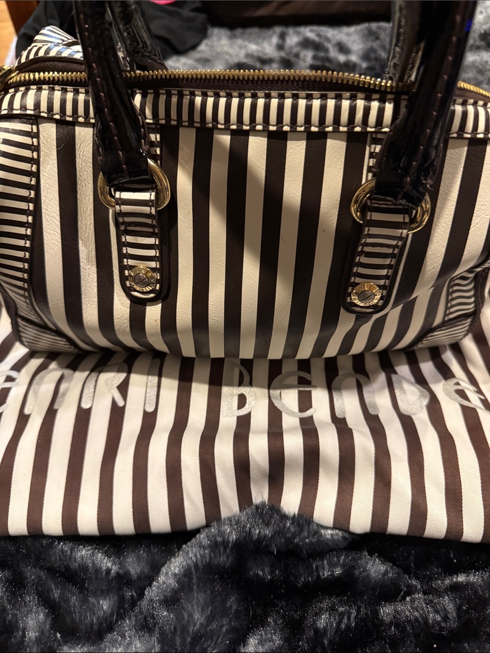 henri bendel Brown and White Striped Tote with Gold Hardware. NWOT